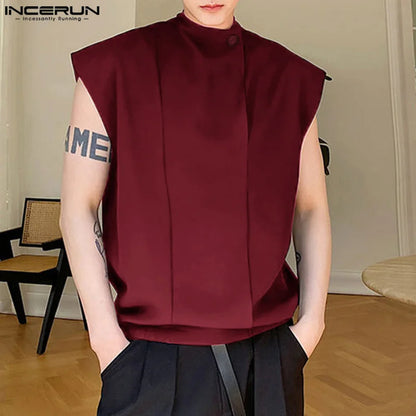 Handsome Well Fitting Tops INCERUN Mens Stand Collar Split Design Vests Casual Streetwear Summer Male Solid Tank Tops S-5XL 2024