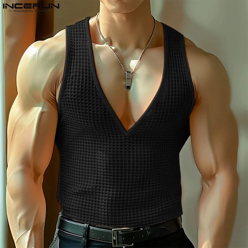 INCERUN Tops 2024 Korean Style Men Sexy Hollow V-neck Vests Casual Streetwear Summer Male Hot Selling Sleeveless Tank Tops S-5XL