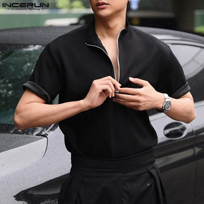 INCERUN Tops 2024 Korean Style Fashion New Men Zipper Design T-shirts Casual Solid Simple High Neck Short Sleeved Camiseta S-5XL