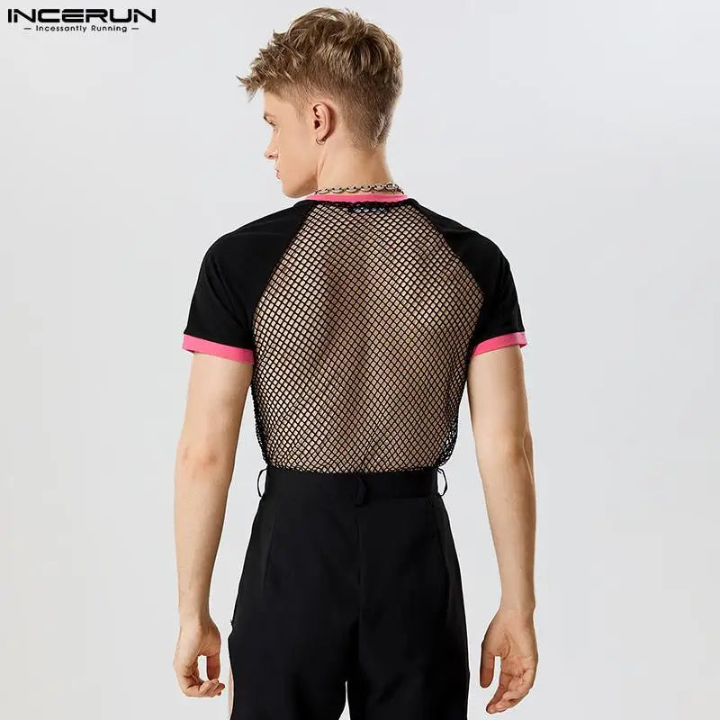 INCERUN Tops 2024 Amerikanischer Stil Neue Herren Durchsichtige Mesh Patchwork Gestreifte T-Shirts Sexy Enge Raglanärmel Dünne T-Shirts S-5XL