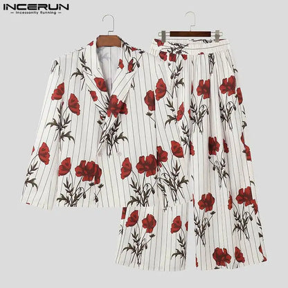 INCERUN 2023 Style américain Beau Hommes Ensembles Rose Imprimé Rayé Impression Décontracté Hauts Pantalons Larges Mode Deux Pièces Ensemble S-5XL