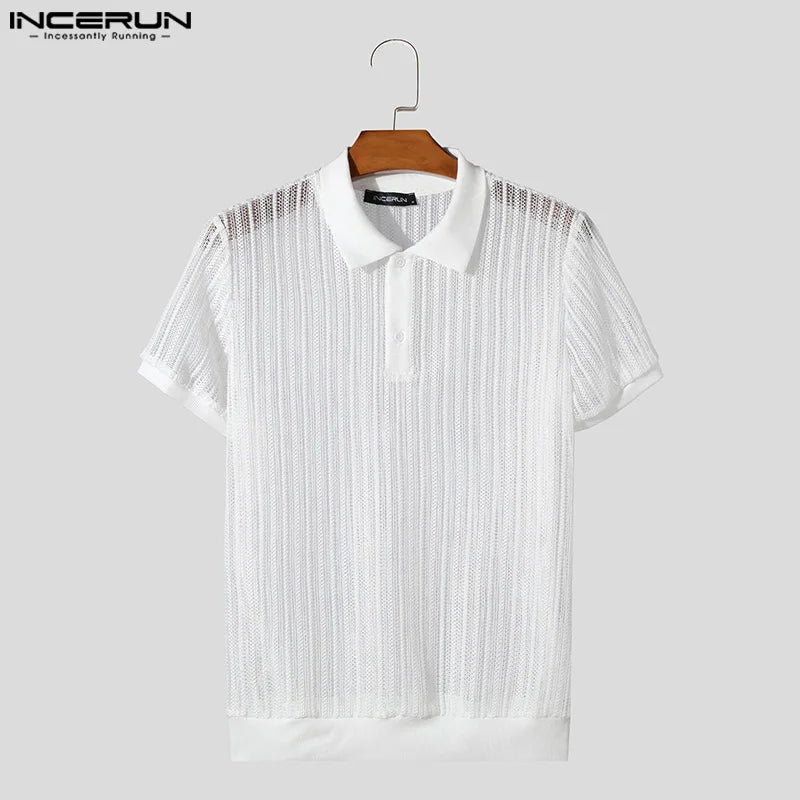 Fashion Casual Style Tops INCERUN 2024 New Men Perspective Mesh Shirts Male Summer Clubwear Lapel Short Sleeved Shirt S-5XL 2024