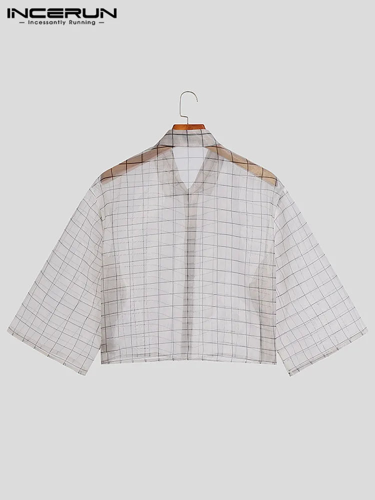 INCERUN Männer Hemd Plaid Mesh Transparent 2023 Revers 3/4 Ärmel Sexy Casual Männer Kleidung Streetwear Lose Taste Mode Camisas