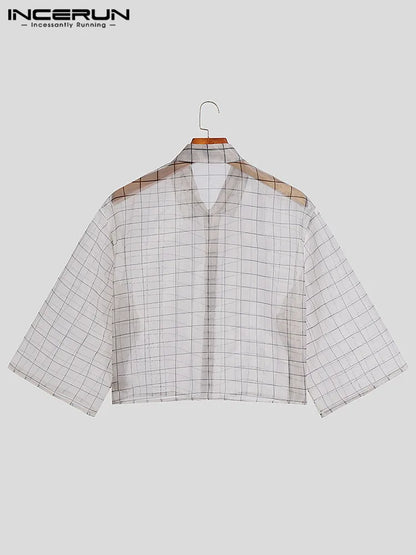 INCERUN Männer Hemd Plaid Mesh Transparent 2023 Revers 3/4 Ärmel Sexy Casual Männer Kleidung Streetwear Lose Taste Mode Camisas