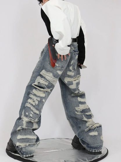 HOUZHOU Hip Hop Zerrissene Jeans Männer High Street Männlichen Distressed Denim Breite Bein Hosen Casual Hosen Vintage