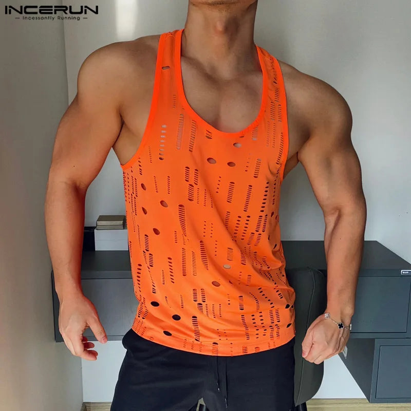 INCERUN Tops 2024 Korean Style New Men's Sexy Camisole Hollowed Design Vests Casual Streetwear Summer Sleeveless Tank Tops S-5XL