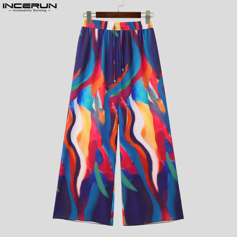 INCERUN 2024 American Style Trousers Stylish New Men Colorful Fluid Printed Striped Pant Leisure Streetwear Male Pantalons S-5XL