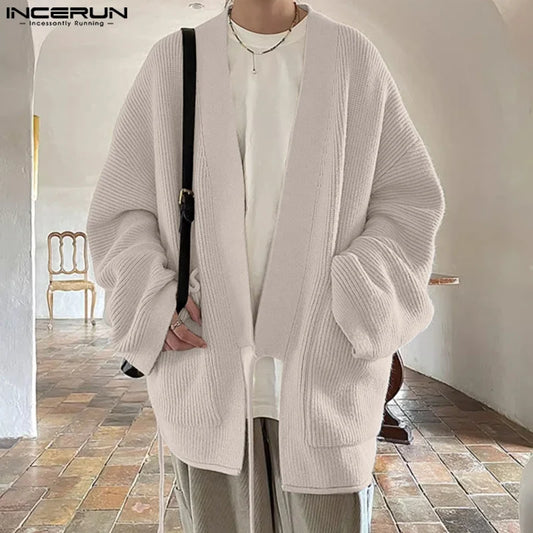 INCERUN Herren Pullover Strickjacken Einfarbig Lange Weite Ärmel Strickjacken Schnürtasche Freizeit Locker Kimono Übergroße Oberteile S-5XL