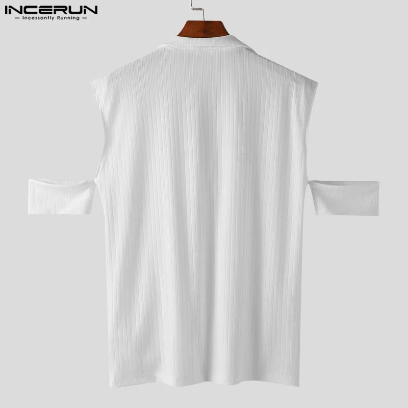 INCERUN Tops 2024 Korean Style Handsome Men's Knitted Off Shoulder T-shirts Casual Solid Stand Neck Short Sleeved Camiseta S-5XL