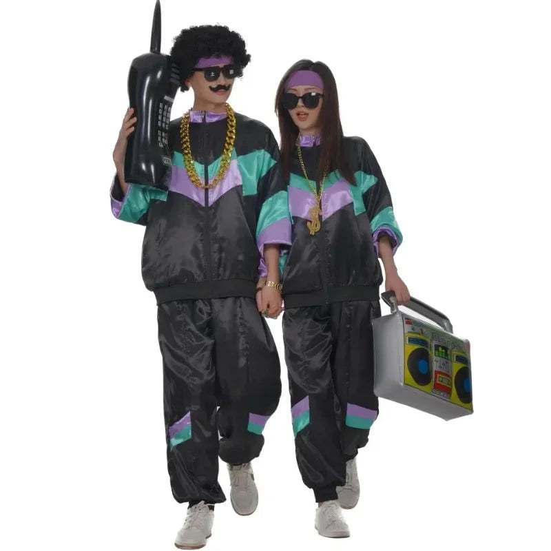 Men Women Vintage 80s Hip Hop Disco Cosplay Hippie Costume Halloween Purim Carnival Party Couple Tracksuit Outfit