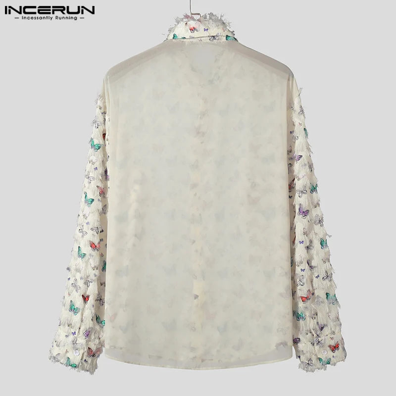 INCERUN Tops 2024 Korean Style Men's Personalized Printing Tassels Design Shirts Handsome Male Long Sleeved Lapel Blouse S-5XL