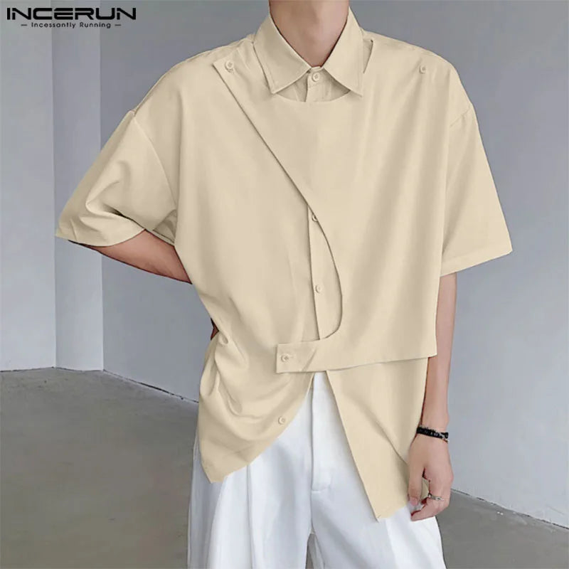 Handsome Well Fitting Tops INCERUN 2024 New Mens Deconstruction Design Drape Shirt Stylish Male Solid Short Sleeved Blouse S-5XL