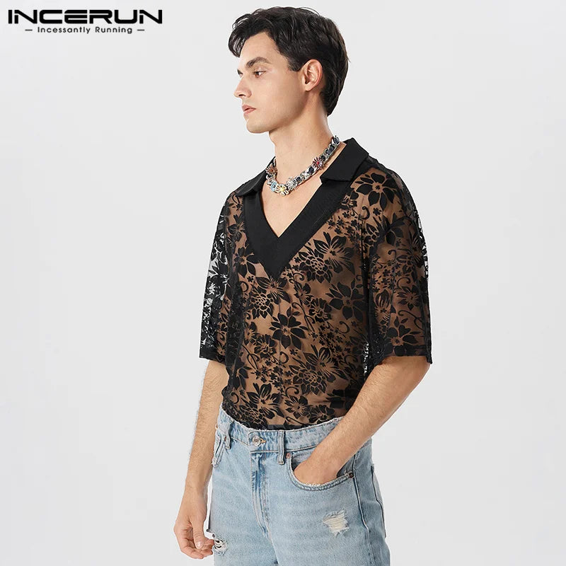 Handsome Well Fitting Tops INCERUN New Mens Sexy Fashion Thin Lace Mesh Shirts Casual See-through V-neck Lapel Blouse S-5XL 2024