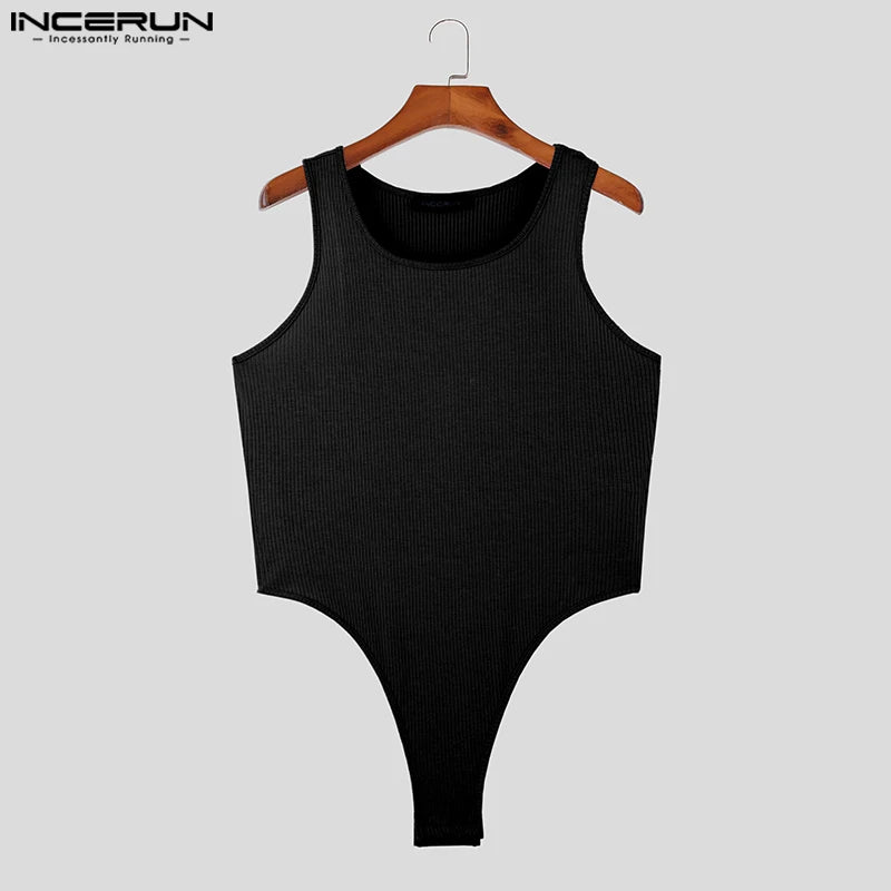 INCERUN 2023 Sexy Fashionable Men's Bodysuits Tight O-Neck Solid Rompers Casual Male Striped Hollow Comfortable Bodysuits S-5XL