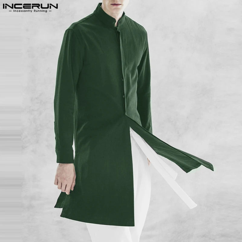 INCERUN 2023 Muslim Style New Men Solid Shirts Casual Streetwear Hot Sale Male Patchwork Standing Neck Long Sleeved Blouse S-5XL