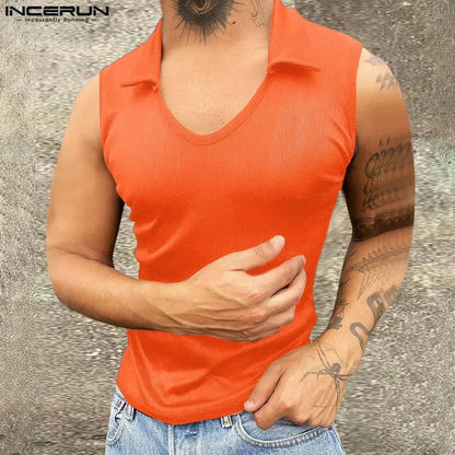 INCERUN Tops 2024 Amerikanischen Stil, Mode, Männer Gestrickte Pit Streifen Engen Elastischen Westen Sommer Sexy Männlichen Solide Revers Tank Tops S-5XL