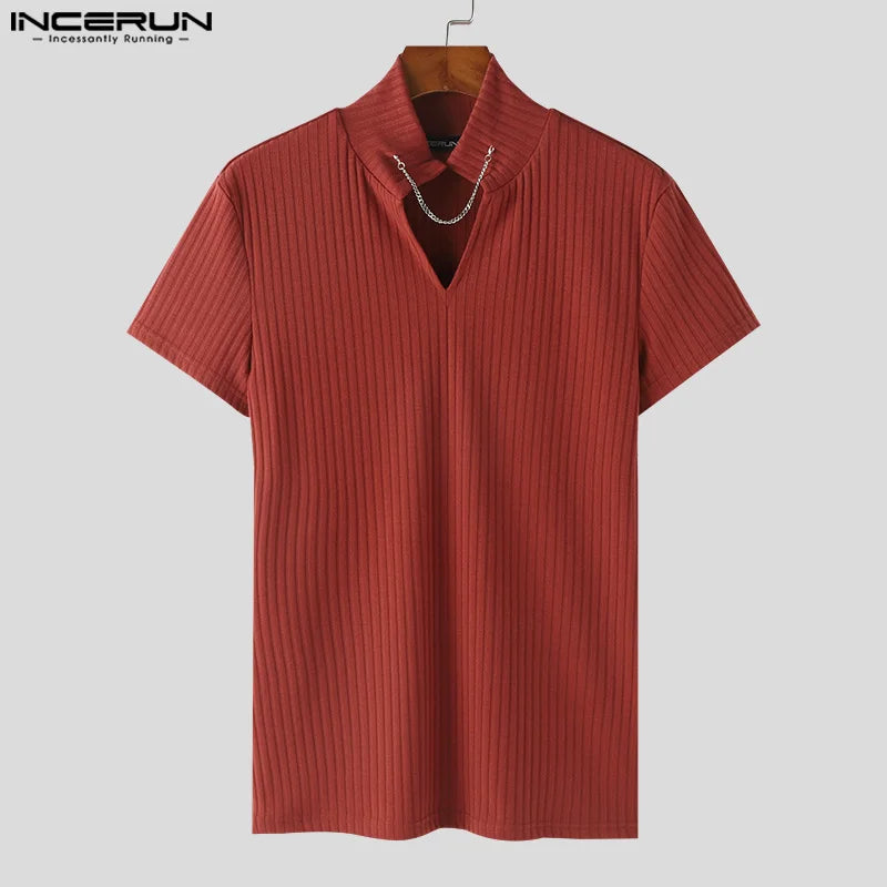 INCERUN Tops 2024 Koreanische Stil Neue Männer Gestrickte Halb Hohe Ausschnitt Kette T-shirts Casual Einfache Männliche Kurzarm Camiseta S-5XL