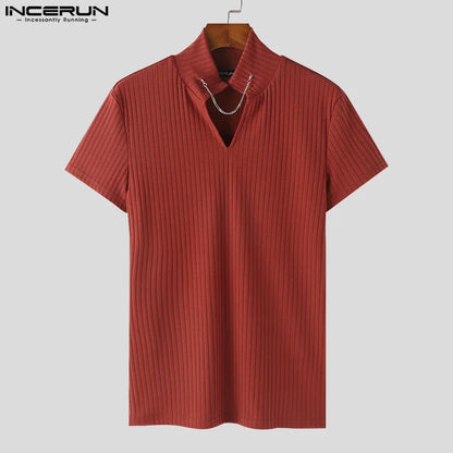 INCERUN Tops 2024 Korean Style New Men Knitted Half High Neckline Chain T-shirts Casual Simple Male Short Sleeved Camiseta S-5XL