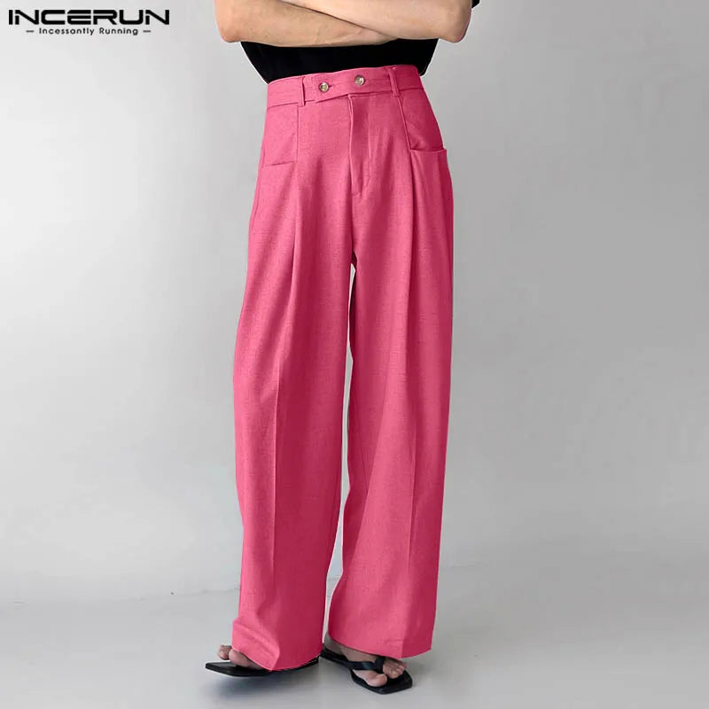 INCERUN 2024 Koreanische Stil Pantalons Mode Für Männer Gemischt Farbe Gerade Bein Hose Casual Streetwear Männlichen Hohe Taille Hose S-5XL