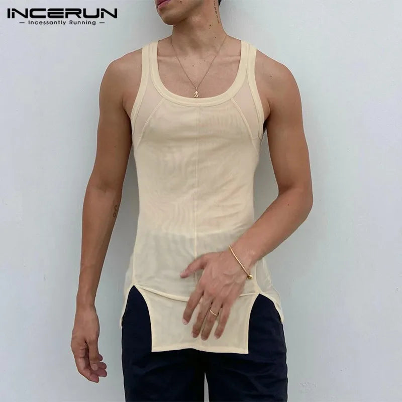 INCERUN Tops 2024 American Style Fashion Men's High Stretch Mesh See-through Vests Summer Casual Thin Sleeveless Tank Tops S-5XL