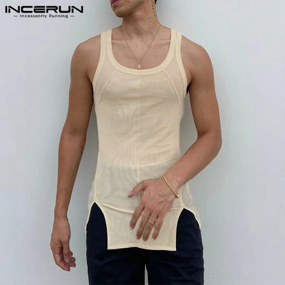 INCERUN Tops 2024 Amerikanische Mode für Herren High Stretch Mesh Durchsichtige Westen Sommer Lässig Dünne Ärmellose Tank Tops S-5XL