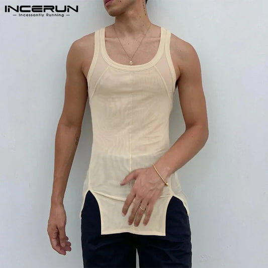 INCERUN Tops 2024 Style Américain Mode Hommes Haute Extensible Maille Transparent Gilets Été Décontracté Mince Sans Manches Débardeurs S-5XL