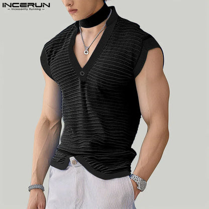 INCERUN Tops 2024 Korean Style New Men's Fashion V-neck Striped Texture Camiseta Casual Clubwear Male Sleeveless T-shirts S-5XL