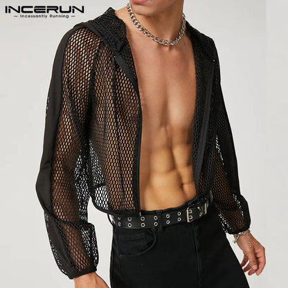 2023 Men Mesh Crop Tops Hooded Solid Color See Through Streetwear Zipper Sexy T Shirt Workout Outerwear Casual Camisetas INCERUN