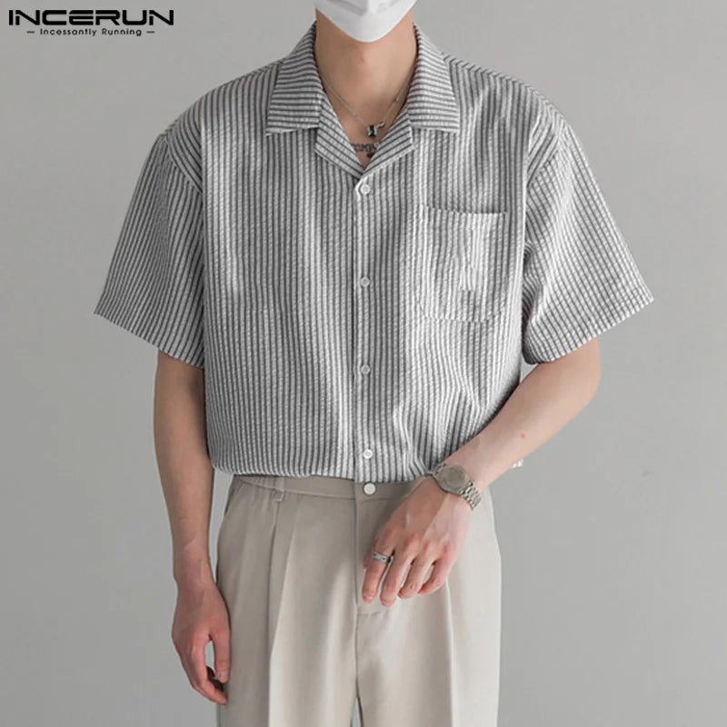 Fashion Casual Simple Style Tops INCERUN 2024 New Men Striped Collar Shirt Streetwear Summer Hot Sale Short Sleeved Blouse S-5XL