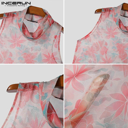 INCERUN Tops 2024 Fashion Mens Printed Chiffon Perspective Vests Summer Streetwear Hot Sale High Neck Sleeveless Tank Tops S-5XL