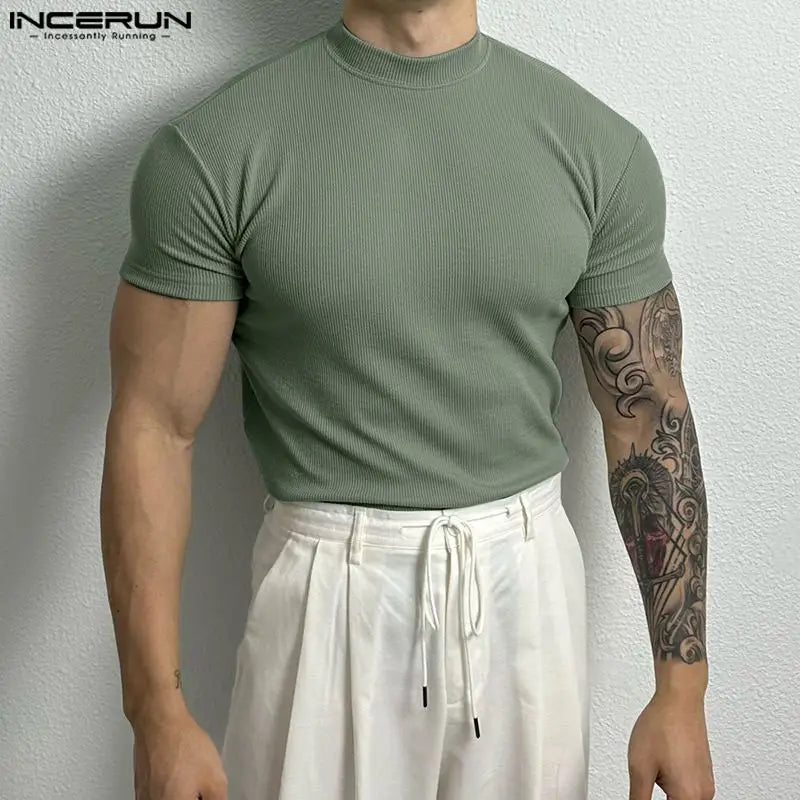 INCERUN Hommes T-shirt Couleur Unie Col Roulé Manches Courtes Homme T-shirt Hauts Streetwear Fitness Cozy 2023 Été Décontracté Camisetas S-5XL