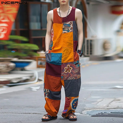 INCERUN 2024 Ethnic Style Rompers Men Printing U-neck Design Jumpsuit Leisure Streetwear Personality Sleeveless Jumpsuits S-5XL