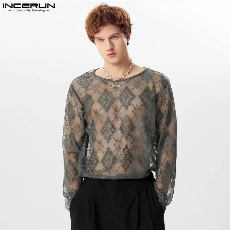 INCERUN Tops 2024 American Style Fashion Mens Diamond Lace Hollow Slightly Transparent T-shirts Sexy Long Sleeved Camiseta S-5XL