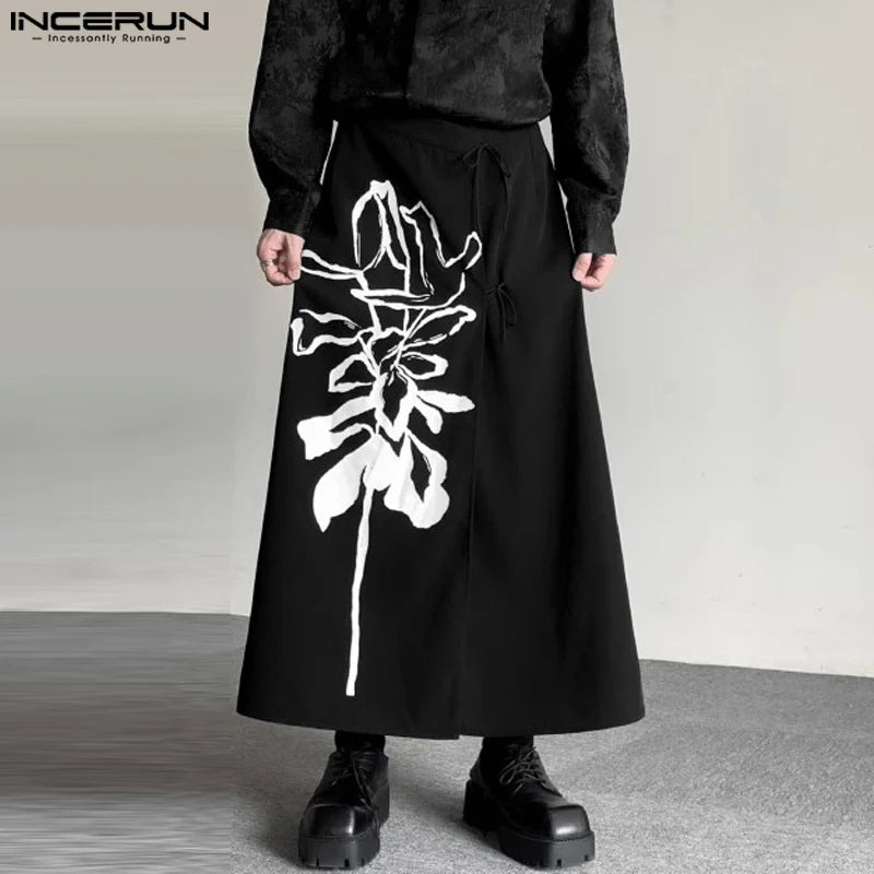 INCERUN 2024 Chinese Style Men's Personality Trousers Wrap Style Print Pantalons Casual Fashionable Male Half Skirts Pants S-5XL