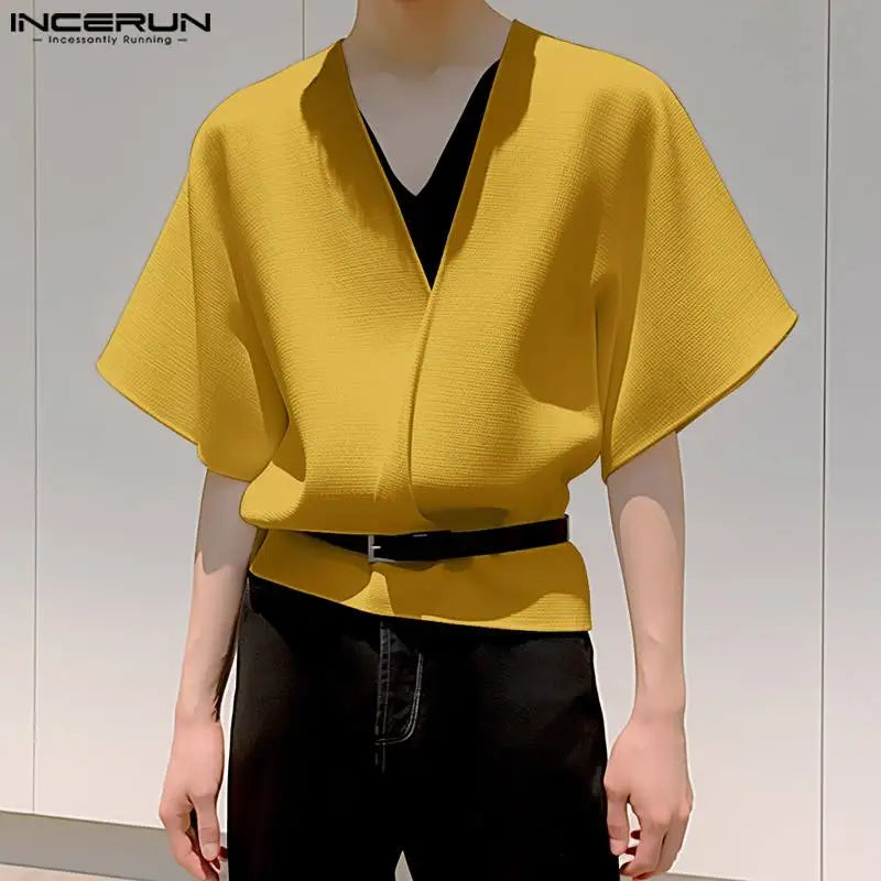 INCERUN Tops 2024 Korean Style Men's Textured Large V-neck Design T-shirts Casual Streetwear Solid Short Sleeved Camiseta S-5XL