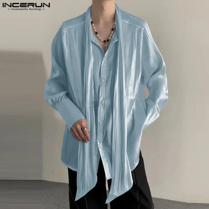 Casual Simple Tops INCERUN Men Ribbon Pleated Glitter Design Shirts Handsome Male Solid All-match Long Sleeved Blouse S-5XL 2024