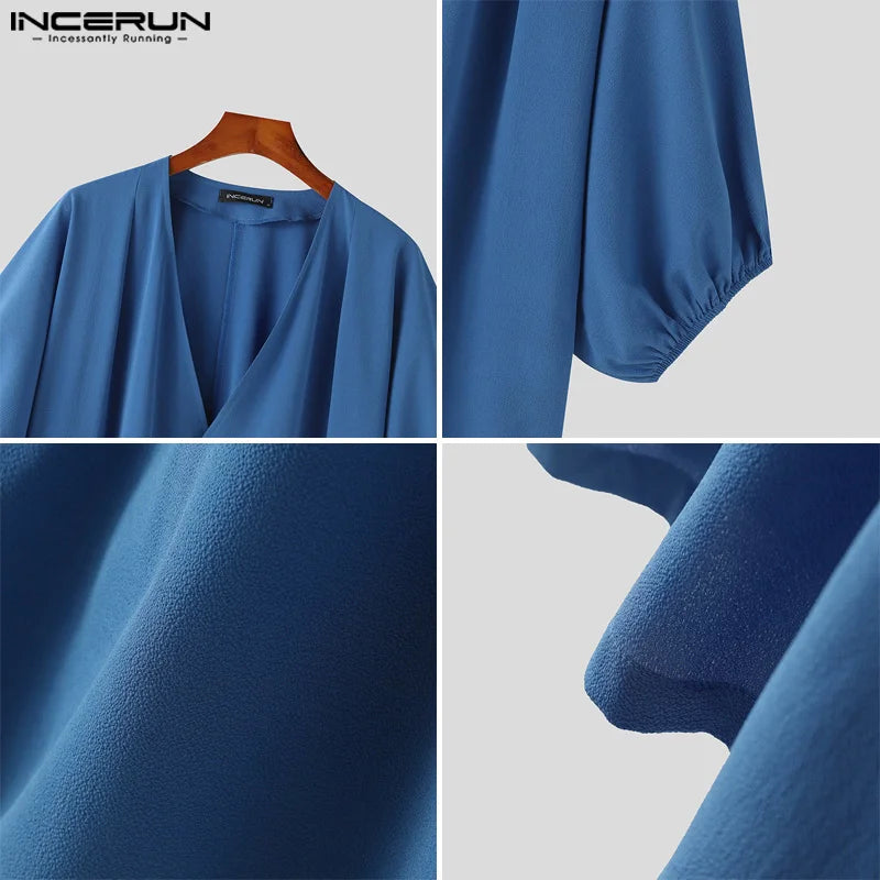 INCERUN Tops 2024 Korean Style Men Sexy Large V-neck Bubble Short Sleeved Shirts Party Clubwear Personality Solid Blouse S-5XL