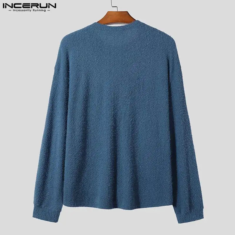 INCERUN Tops 2024 Korean Style New Men's Solid O-neck Loose Pullover Fashion Simple Knitted Cardigan Long Sleeved Sweater S-5XL