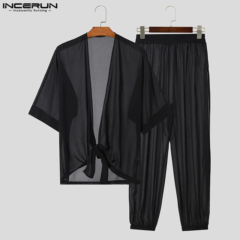 INCERUN Hommes Ensembles Solide Transparent Lâche Col en V À Manches Courtes Chemise &amp; Pantalon Fendu 2PCS Streetwear 2024 Sexy Mode Hommes Costumes