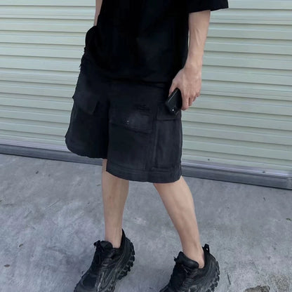 Vintage Ripped Damaged Black Cargo Shorts for Men High Street Wide Leg Baggy Overalls Distressed Summer Knee Length Pants