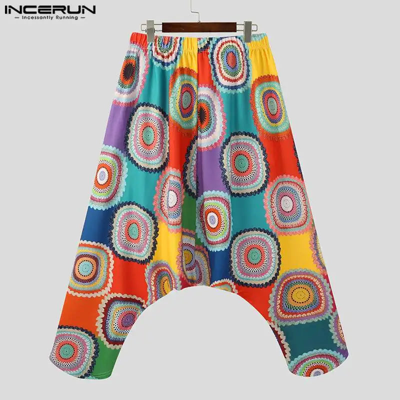 INCERUN 2023 American Style Mens Trousers Fashion Knitted Colorful Pantalons Casual Streetwear Tracery Print Harlan Pants S-5XL