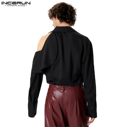 2024 männer Hemd Einfarbig Revers Langarm Aushöhlen Streetwear Männer Kleidung Rüschen Mode Casual Camisas S-5XL INCERUN