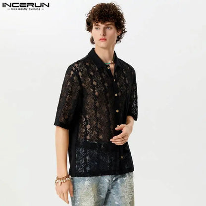 Fashion Well Fitting Tops INCERUN Handsome Men's Perspective Jacquard Shirts Casual Streetwear Lapel Short Sleeved Blouse S-5XL