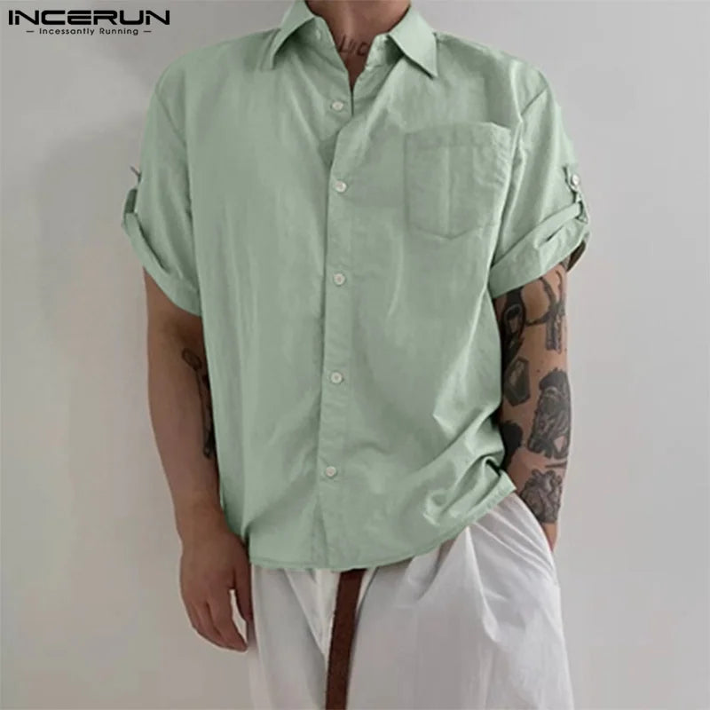 Stylish Well Fitting Tops INCERUN New Men Summer Clothing Casual Solid Shirt Fashion Streetwear Short Sleeved Lapel Blouse S-5XL