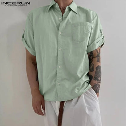 Stylish Well Fitting Tops INCERUN New Men Summer Clothing Casual Solid Shirt Fashion Streetwear Short Sleeved Lapel Blouse S-5XL