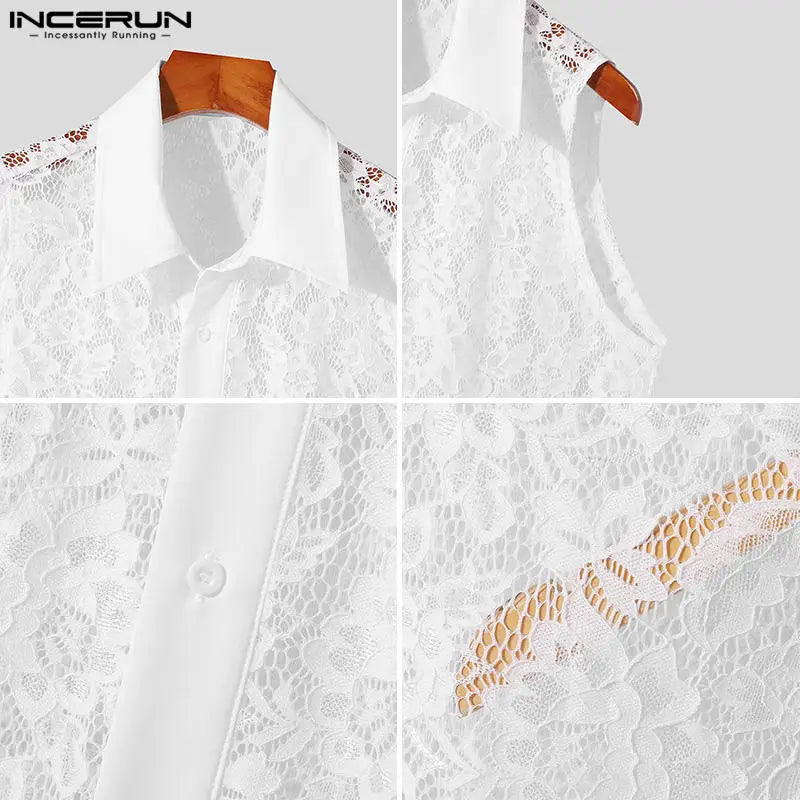 INCERUN Tops 2024 Koreanischen Stil Mode Männer Perspektive Spitze Floral Design Shirt Sexy Sommer Dünne Ärmellose Revers Bluse S-5XL