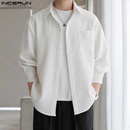 Handsome Well Fitting Tops INCERUN New Men's Casual All-match Texture Shirts Fashion Streetwear Solid Long Sleeved Blouse S-5XL