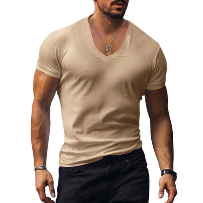 2023 men's T-shirt cross-border clothing European and American foreign trade men's V-neck solid color casual short sleeved T-shi