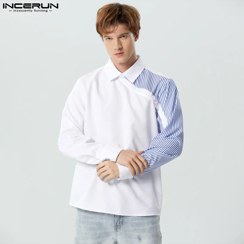 INCERUN Tops 2023 Style américain Beau Hommes Rayé Patchwork Chemises Décontractées Streetwear Vente Chaude Chemisier À Manches Longues S-5XL