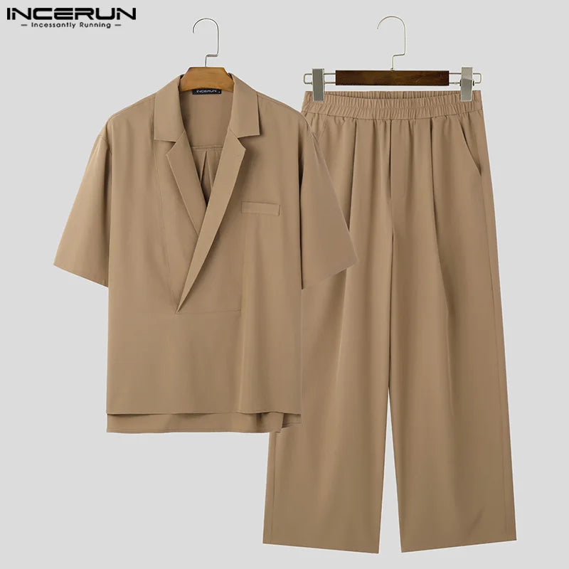 INCERUN 2024 Korean Style Sets Fashion New Men Suit Neckline Drop Short Sleeve Shirt Pants Streetwear Solid Two Piece Sets S-5XL